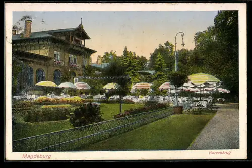 AK Magdeburg, Herrenkrug, Gartenrestaurant mit Terrasse und Sonnenschirmen