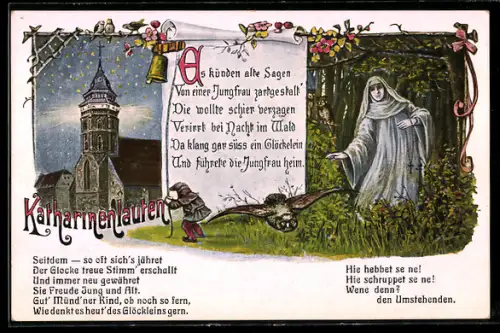 Künstler-AK Hann.-Münden, Katharinenläuten, Sage der Jungfrau, Glockenturm, Eule, Zwerg