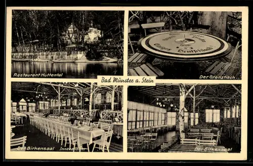 AK Bad Münster a. Stein, Restaurant Huttental, Grenztisch mit , Birkensaal Innenraum