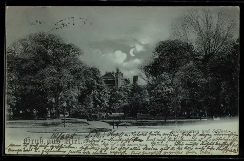 Mondschein-AK Kiel, Schlossgarten und Schloss