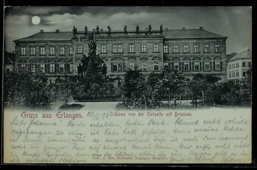 Mondschein-AK Erlangen, Schloss von der Ostseite mit Brunnen