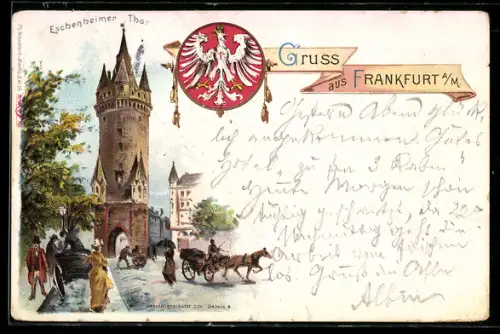 Lithographie Frankfurt a /M, Eschenheimer Thor, Wappen