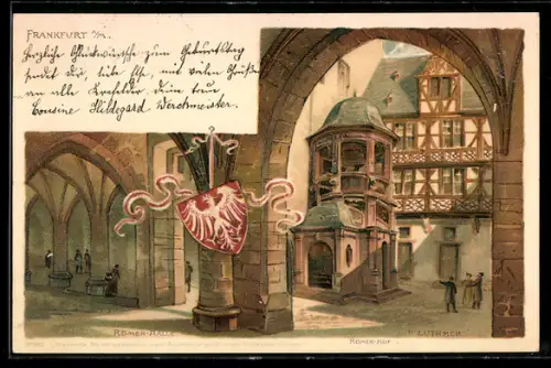Lithographie Alt-Frankfurt, Römer-Hof, Römerhalle, Wappen