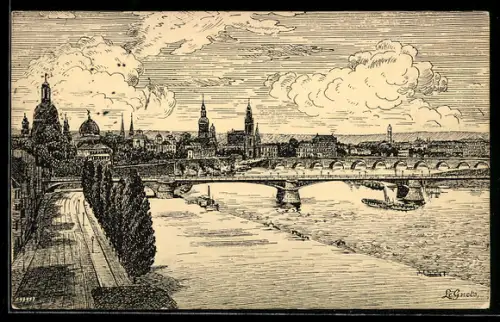 Künstler-AK Dresden, Blick über die Carolabrücke