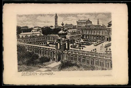 Künstler-AK Dresden, Zwinger aus der Vogelschau