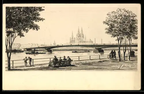 Künstler-AK Köln, Neue Rheinbrücke, Dom, Rheinufer