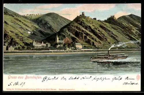 AK Bornhofen, Rheinansicht, Kirche, Burgruinen