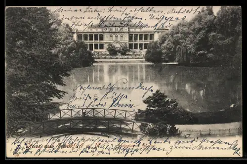 AK Frankfurt-Ostend, Zoologischer Garten, Gebäude, Teich m. Brücke