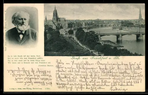 AK Alt-Frankfurt, Dom, Stadtansicht mit Brücken, Portrait Stoltze