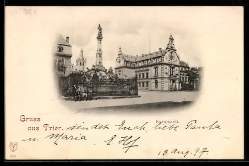 AK Trier, Kornmarkt, Brunnen, historisches Gebäude