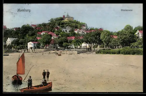 AK Hamburg-Blankenese, Strandansicht mit Booten und Villen am Elbhang