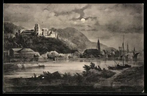 Künstler-AK Heidelberg, Schloss, Alte Brücke, Neckaransicht, Vollmond