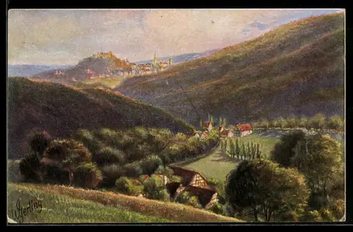Künstler-AK Lindenfels /Odenwald, Weschnitz-Tal m. Blick nach Lindenfels