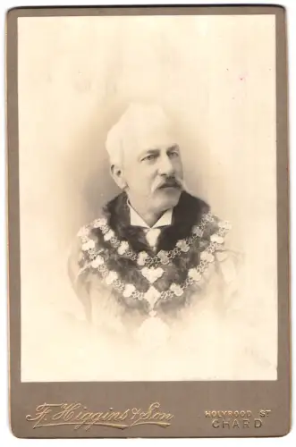 Fotografie F. Higgins & Son, Chard, Holyrood St., britischer Amtsträger / Bürgermeister mit Amtskette und Pelzkragen