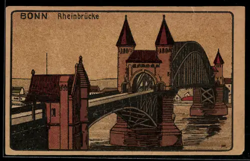 Steindruck-AK Bonn, Rheinbrücke