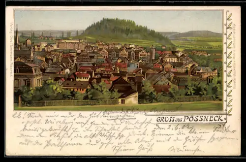 Lithographie Pössneck, Gesamtansicht mit Hügel aus der Vogelschau