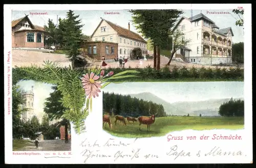 AK Schmücke, Gast- und Pensionshaus mit Speisesaal, Schneekopfturm, Hirsche und Rhe