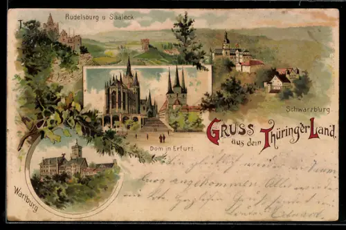 Lithographie Erfurt /Thüringen, Dom, Rudelsburg und Saaleck, Schwarzburg