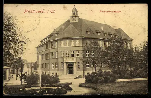 AK Mühlhausen / Th., Strassenpartie an der Knabenmittelschule, Pferdekutsche