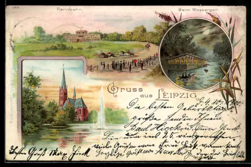 Lithographie Leipzig, Pferde-Rennbahn, Wassergott