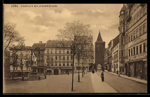 AK Jena, Strasse am Eichplatz mit Geschäften und Johannisturm