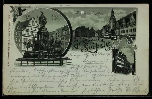 Mondschein-Lithographie Leipzig, Marktplatz mit Rathaus, Siegesdenkmal, Grimmaische Strasse
