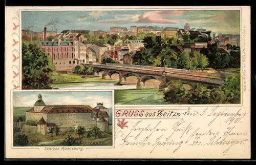 Lithographie Zeitz, Schloss Moritzburg, Blick zum Ort