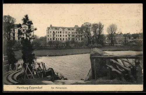 AK Hamburg-Eppendorf, Am Mühlenteich, Blick auf Häuser an Ufer