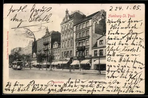 AK Hamburg-St. Pauli, Reeperbahn mit Geschäften und Strassenbahn