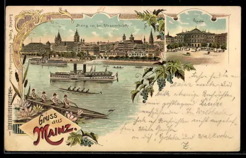 Lithographie Mainz, Ansicht der Stadt mit Strassenbrücke und Regatta