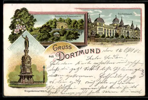 Lithographie Dortmund, Fredenbaum, Kronenburg-Schwanenteich, Kriegerdenkmal 1870-71