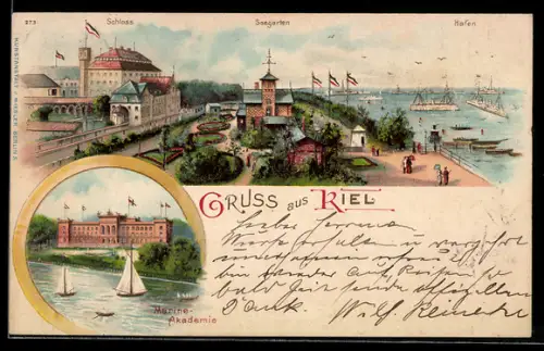 Lithographie Kiel, Schloss mit Seegarten u. Hafen, Marine-Akademie