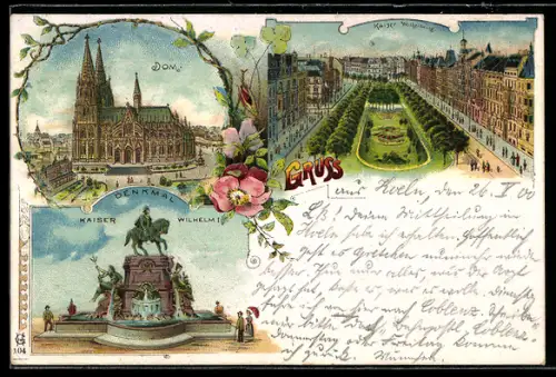 Lithographie Köln, Dom, Kaiser-Wilhelmring aus der Vogelschau