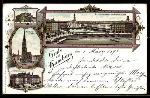 Lithographie Hamburg-Neustadt, Reesendammbrücke und die Alsterarkaden, Nicolaikirche, Stadttheater