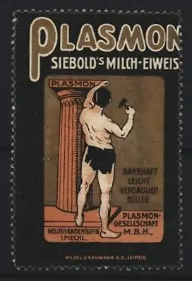 Reklamemarke Neubrandenburg, Plasmon, Siebold`s Milch-Eiweiss, muskulöser Mann mit Hammer