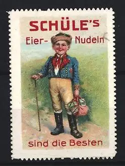 Reklamemarke Schüle`s Eier-Nudeln, Junge mit Wanderstock und Paketen