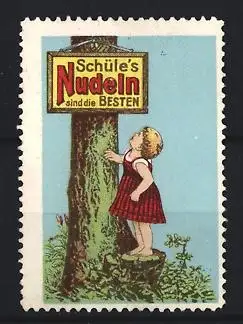 Reklamemarke Schüle`s Nudeln, Mädchen am Baum