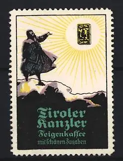 Reklamemarke Tiroler Kanzler, Feigenkaffee, Bergsteiger mit Sonne