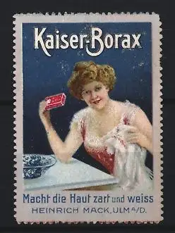 Reklamemarke Ulm, Kaiser-Borax, Frau mit Schachtel