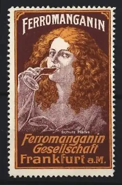 Reklamemarke Frankfurt a. M., Ferromanganin Gesellschaft, Frau mit Weinglas