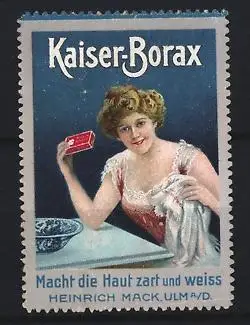 Reklamemarke Ulm, Heinrich Mack, Kaiser-Borax, Frau mit Schachtel