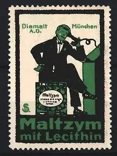 Reklamemarke München, Diamalt A.G. Maltzym mit Lecithin, Mann mit Telefon