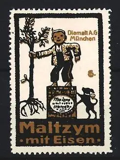 Reklamemarke München, Diamalt A. G., Maltzym mit Eisen, Junge mit Baum und Hund