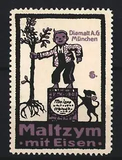 Reklamemarke München, Diamalt A. G., Maltzym mit Eisen, Junge mit Baum und Hund