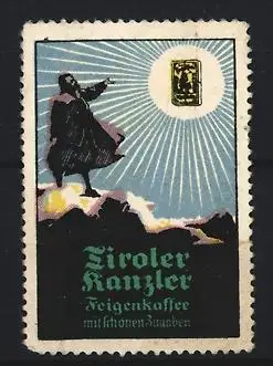 Reklamemarke Tiroler Kanzler, Feigenkaffee, Figur auf Berg mit Sonne