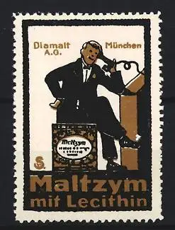 Reklamemarke München, Diamalt A.G., Maltzym, Mann mit Produktverpackung