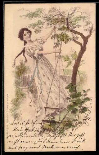 Lithographie Junge Dame auf einer Schaukel