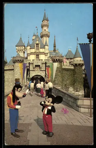 AK Disneyland, Mickey and Goofy take pictures in front of Sleeping Beauty`s Castle