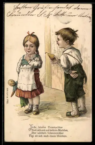 Lithographie Mädchen mit Puppe und Junge mit einer Birne
