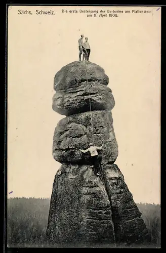 AK Die erste Besteigung der Barbarine am Pfaffenstein 1906